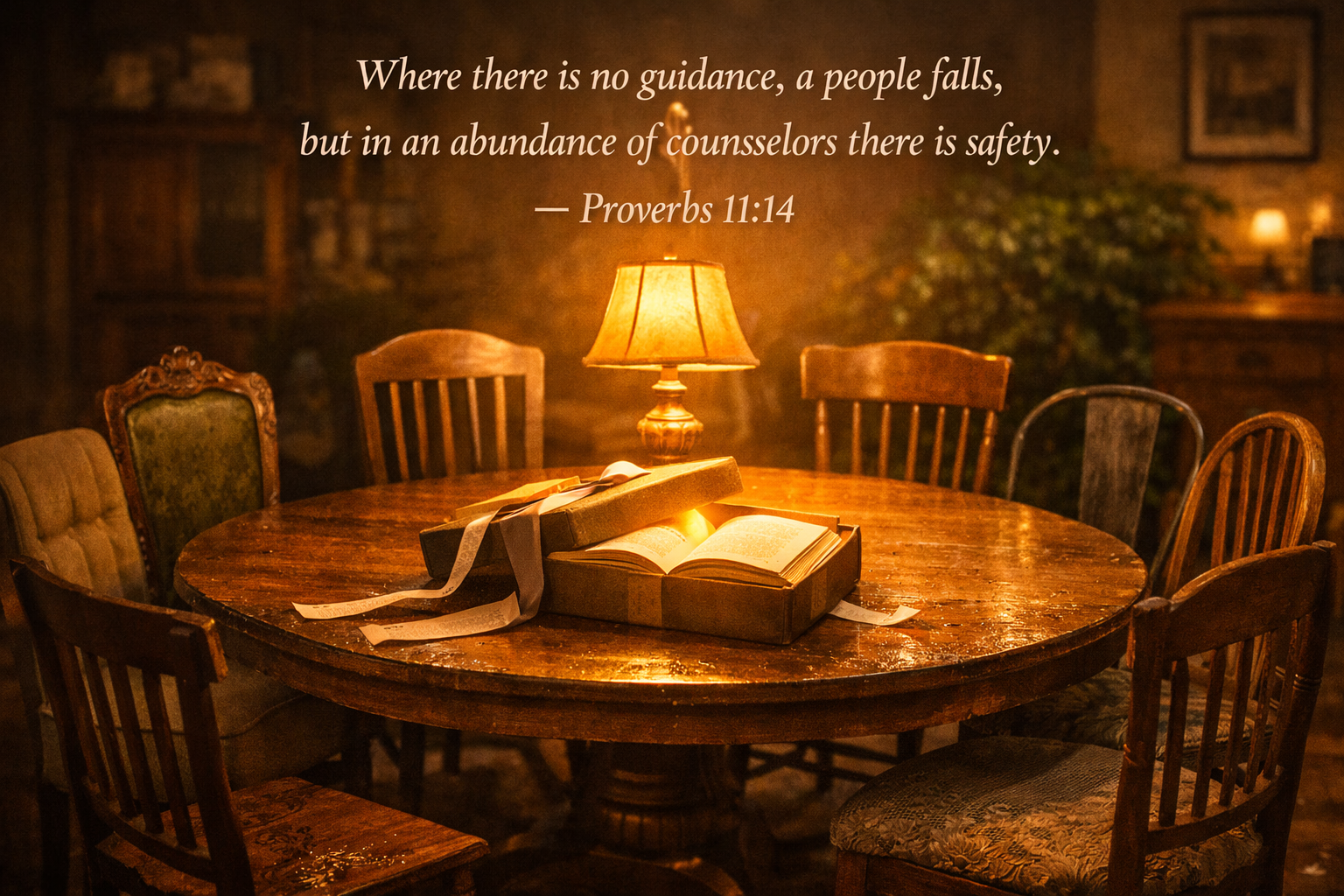 Round table with many different chairs and open book in center — Proverbs 11:14 counselors Bible verse wallpaper